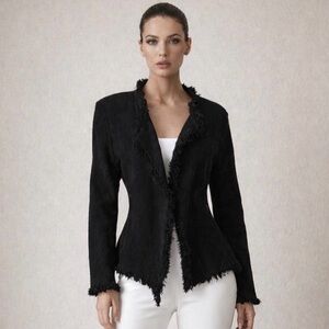 NIC+ZOE Black Frayed Fringe Open Front Jacket Petite Medium NWOT